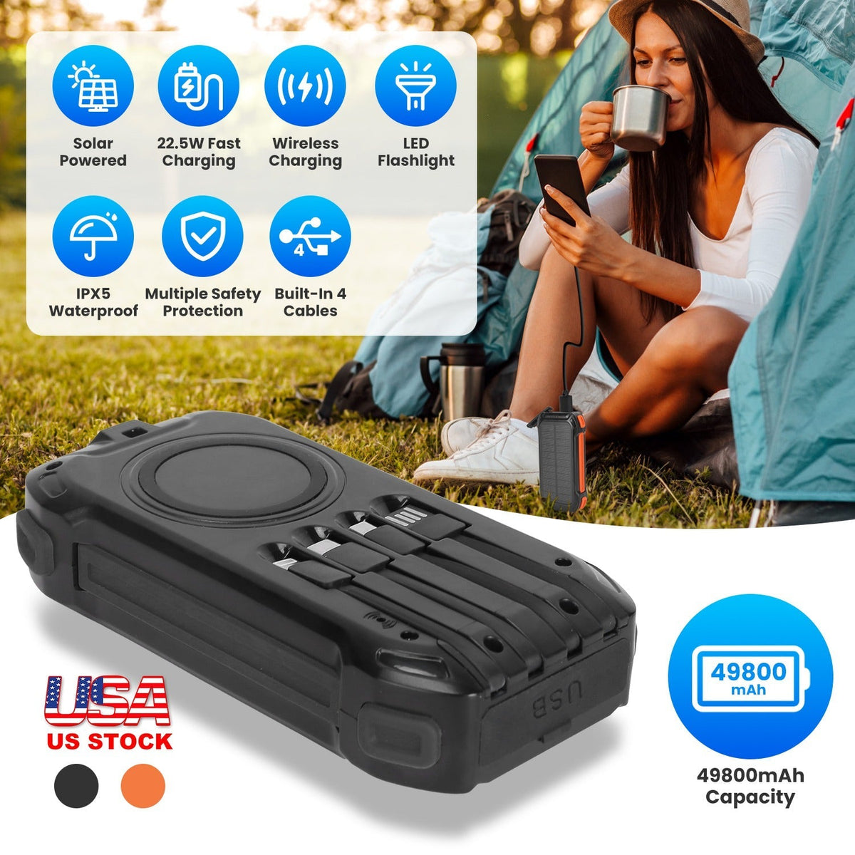 Portable Solar Charger 49800mAh Power Bank External Battery Pack 22.5W PD Fast Charging Built in 4 CablesÊ15W Wireless Charging LED Flashlight for Cam